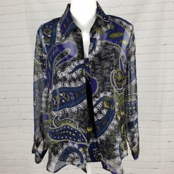 Liz Baker Petite Sheer Blue Black Green Paisley Print Button Front Blouse - Picture 1 of 5